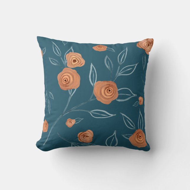 BOHO Modern Blommigt Watercolor Turcos Peach Löv Kudde (Framsida)