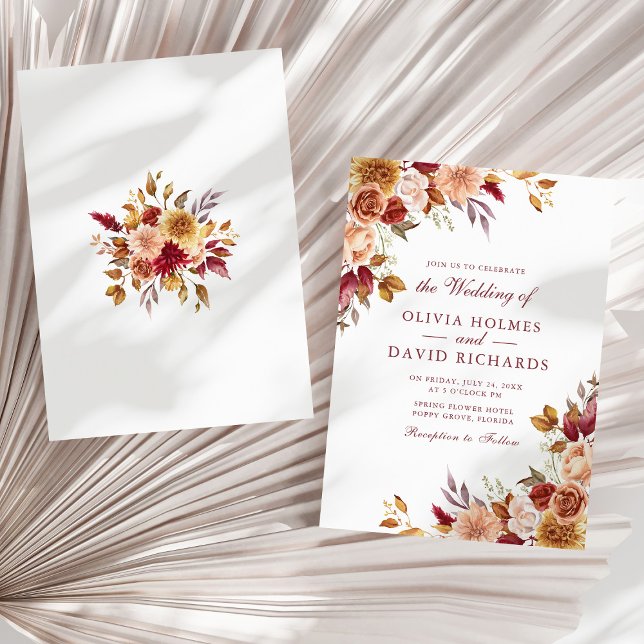 Boho Modern Burnt Orange Terracotta Blommigt Bröll Inbjudningar (Boho Modern Burnt Orange Terracotta Floral Wedding Invitation on a sunny neutral dry palm leaf.)