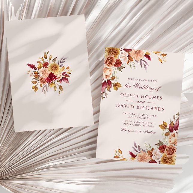 Boho Modern Burnt Orange Terracotta Blommigt Bröll Inbjudningar (Boho Modern Burnt Orange Terracotta Floral Wedding on a sunny white dry palm leaf.)