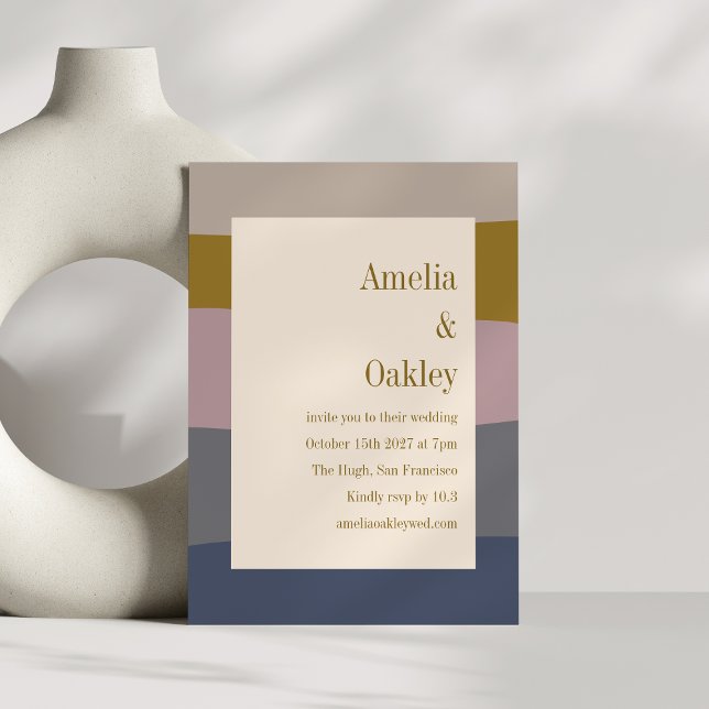 Boho Modern Dammig Mauve Guld Beige Randig Bröllop Inbjudningar (Skapare uppladdad)