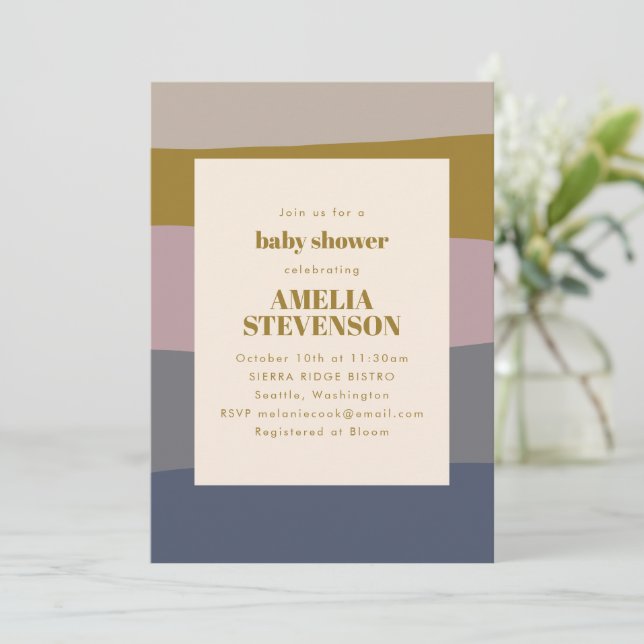 Boho Modern Dusty Mauve Blue Stripe Baby Shower Inbjudningar (Stående Fram)