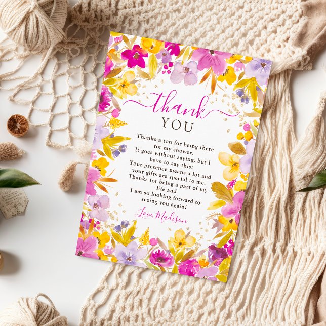 Boho modern lila lavendel blommande bröllopsdusch tack kort (Boho modern purple lavender floral bridal shower thank you card)