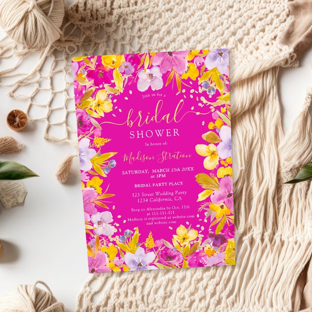 Boho modern lila Lavender blommigt möhippa Inbjudningar (Boho modern purple lavender floral bridal shower invitation on hot pink)