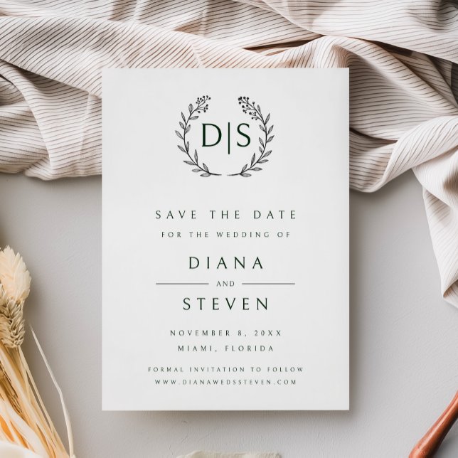 Boho Modern Minimalist Bröllop Spara Datumet (Minimalist black and white wedding save the date card with monogram and laurel wreath)