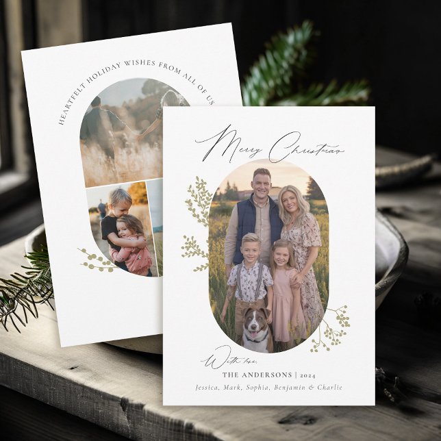 Boho Modern Minimalist Guld Lämnar Fotojul Julkort (christmas card photo family couple kids dog modern minimalist vintage retro 70s 80s boho gold flora)