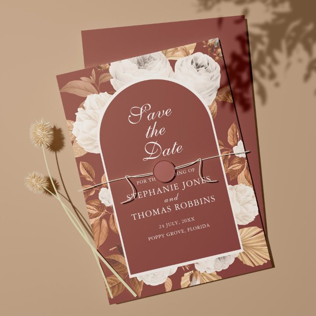 Boho Modern Mörk Terrakotta Save the Date-kort Spara Datumet (Skapare uppladdad)