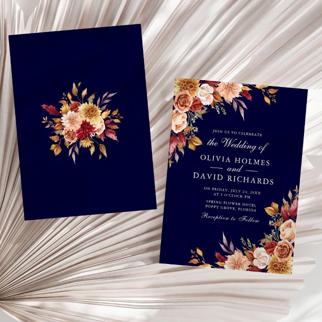 Boho Modern Navy Blue Burnt Orange Blommigt Bröllo Inbjudningar (Boho Modern Navy Blue Burnt Orange Floral Wedding Invitation on a sunny neutral dry palm leaf.)