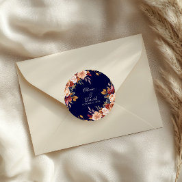 Boho Modern Navy Blue Burnt Orange Blommigt Bröllo Runt Klistermärke
