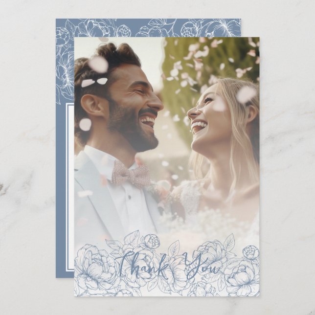 Boho Modern Periwinkle Blue Blommigt Elegant Photo Tack Kort (Fram/baksida)