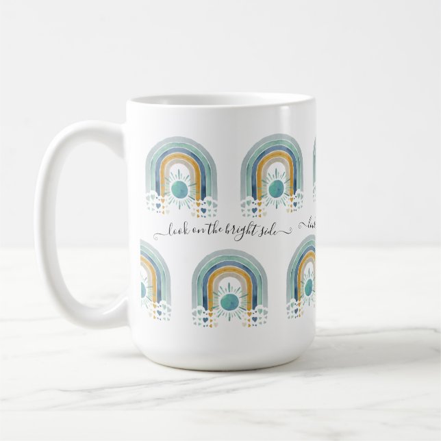 BOHO Modern Rainbow Sol Heart Watercolor Blue Guld Kaffemugg (Vänster)