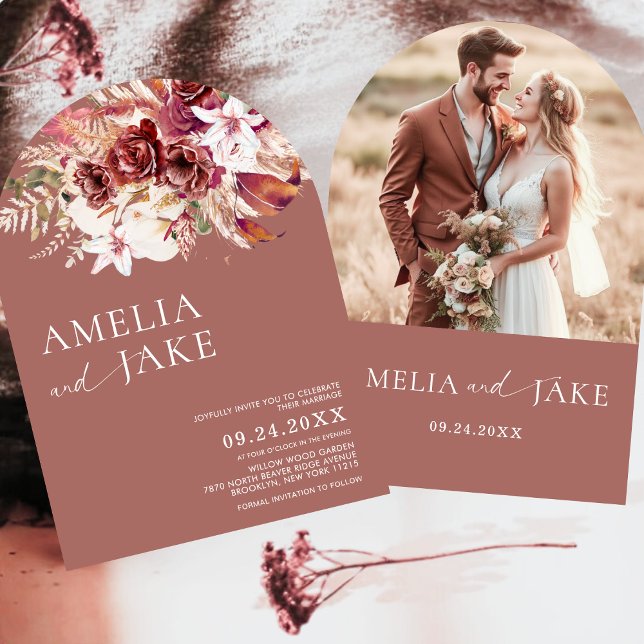 Boho Modern Rosewood Photo Arch Wedding            Inbjudningar (Skapare uppladdad)