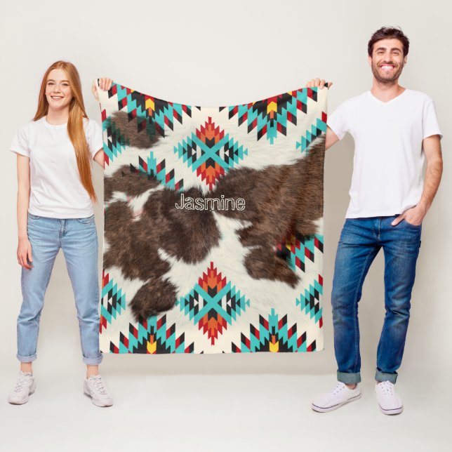 Boho Modern Rustic South Western Cowhide Namn Fleecefilt (På plats)