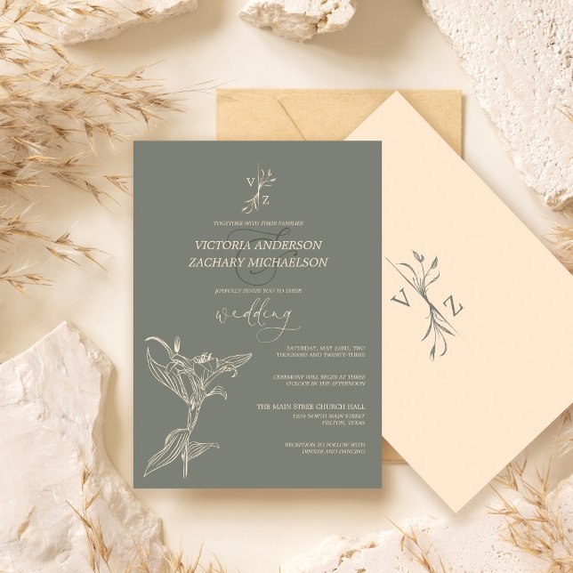 Boho Modern Sage Grönt Blommigt Bröllop Inbjudningar (Skapare uppladdad)