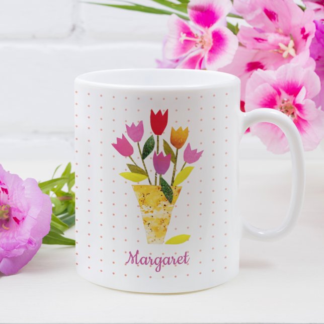 Boho Modern Tulips Hand-Illustrated Vår Påsk Kaffemugg (This beautiful spring Easter mug for her features my own unique collage art of colorful tulips.)