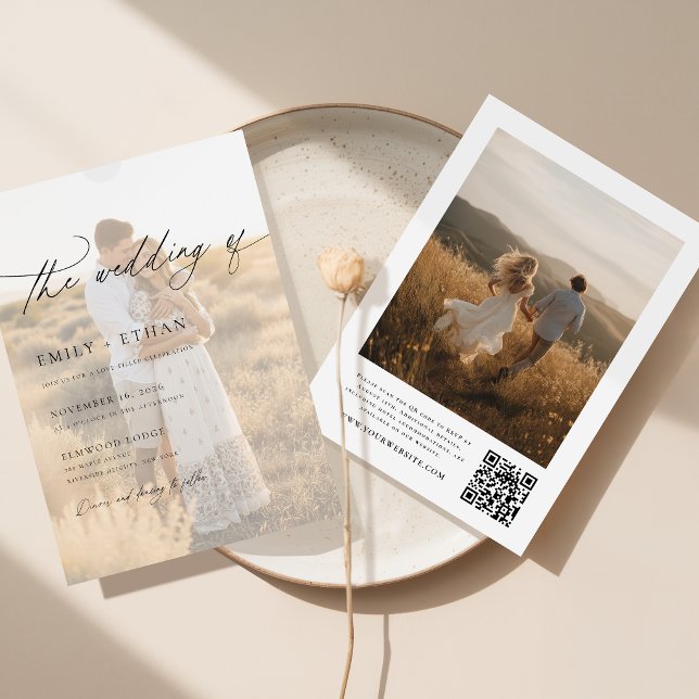Boho Modern Vellum Overlaysfoto QR-kod Bröllop  Inbjudningar (Skapare uppladdad)