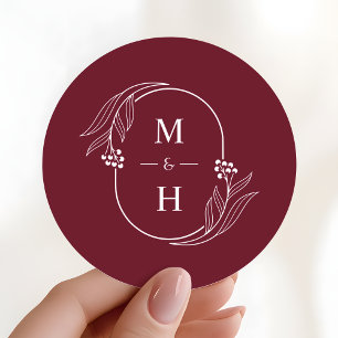 Boho Modernt Monogram Elegant Burgunder Röd Bröllo Runt Klistermärke