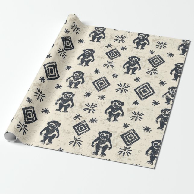 Boho Monkey Jungle Safari Mönster (2) Presentpapper (Utrullad)