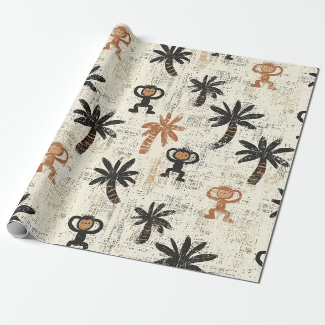 Boho Monkey Jungle Safari Mönster Presentpapper (Utrullad)