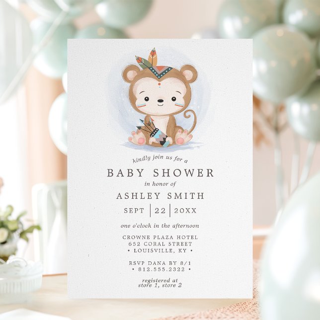 Boho Monkey Tribal Watercolor Bohemian Baby Shower Inbjudningar (Skapare uppladdad)