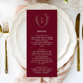 Boho Monogram Elegant Burgunder Röd Bröllopsmiddag Meny