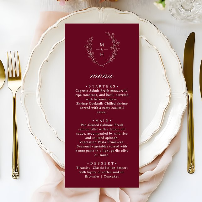 Boho Monogram Elegant Burgundy Wedding Dinner Meny (Skapare uppladdad)