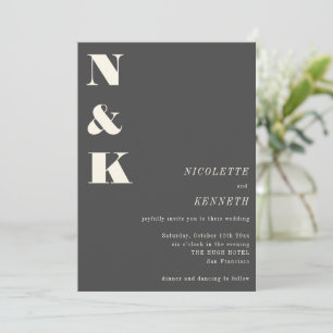 Boho Monogram Initialer Charcoal Grå Foto Bröllop Inbjudningar