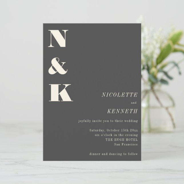 Boho Monogram Initials Charcoal Gray Photo Wedding Inbjudningar (Stående Fram)