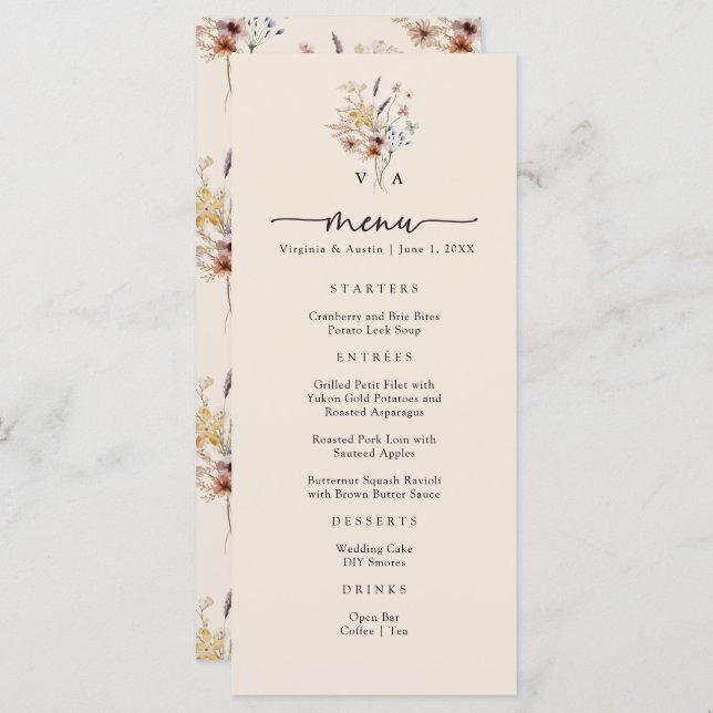 Boho Monogram Menus Meny (Fram/baksida)