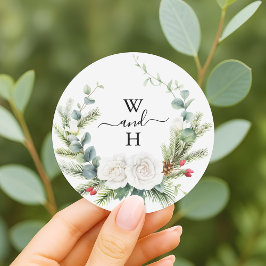 Boho Monogram Winter Greenery Wedding Favor Runt Klistermärke