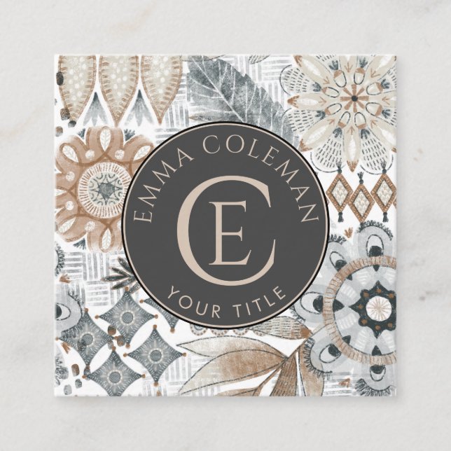 Boho Monogrammed Blommigt Löv Affärskort Fyrkantigt Visitkort (Framsida)