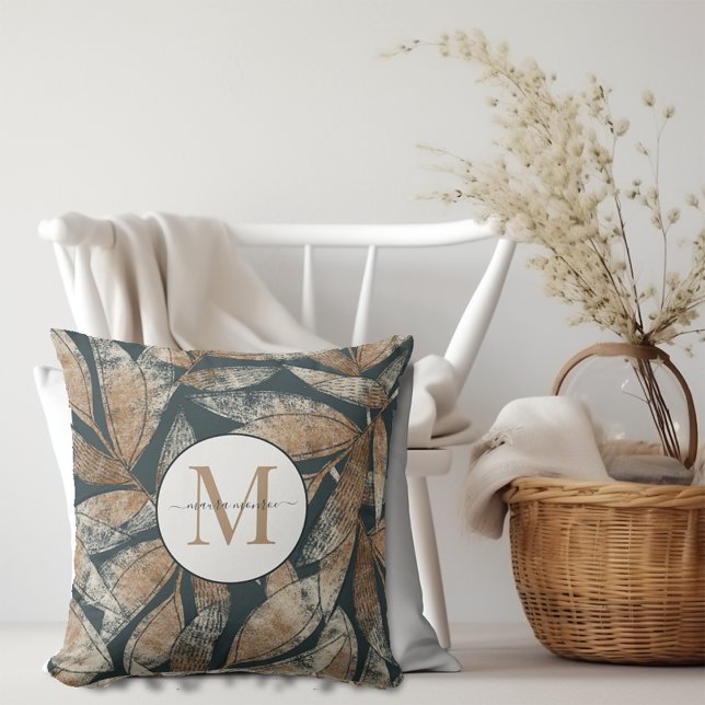 Boho Monogrammed Grått Brown Löv Mönster Kudde (Skapare uppladdad)