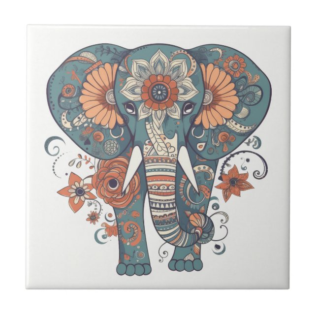 Boho Mönster Blommigt Elephant Kakelplatta (Framsidan)