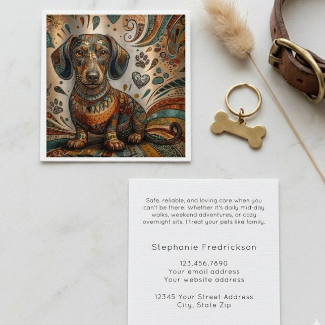 Boho-mönster Dachshund Hund-sittare Fyrkant Fyrkantigt Visitkort (Dachshund business cards for a pet sitter, perfect for networking at a local community event.)