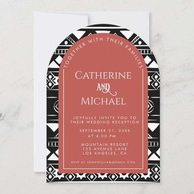 Boho Mönster Photo Arch Coral Wedding Reception Inbjudningar (Framsida)