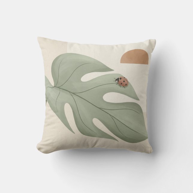 Boho Monstera blad & Nyckelpiga Kastkudde — Salvia Kudde (Framsida)
