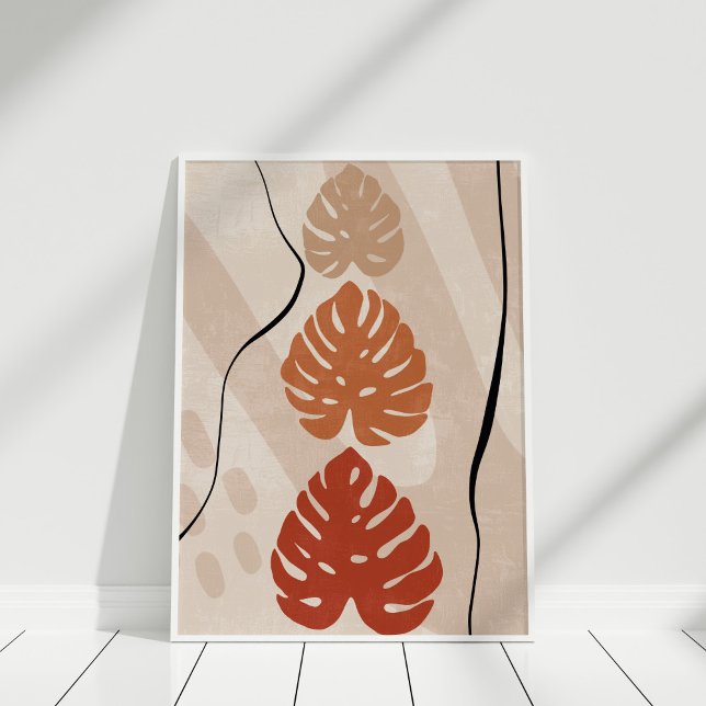 Boho Monstera Linje Konst Abstrakt Väggkonst Affis (Boho Burnt Orange Beige Monstera Wall Art in a white frame.)