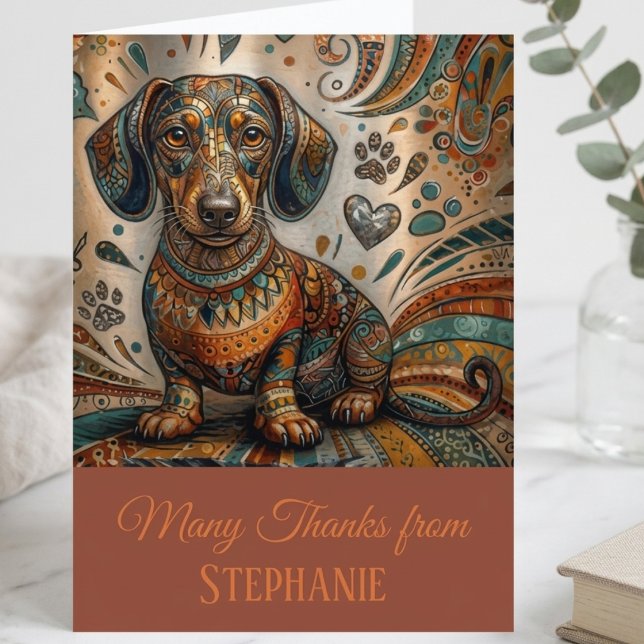 Boho Mönstrad Liten Dachshund Hund Tack Kort (Boho patterned dachshund note card for a dog lover to send a warm thank you message.)