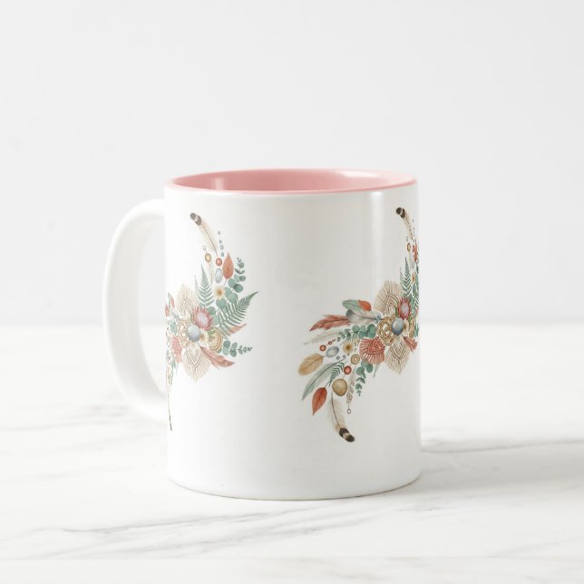 "Boho Moon Floral Mug, Macrame & Feather Cup Två-Tonad Mugg (Framsida vänster)