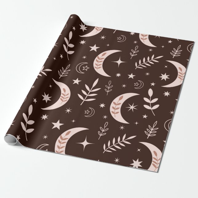 Boho Moon med blad och stjärnor Brun  Presentpapper (Utrullad)