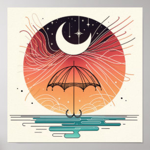 Boho Moon på paraply med fallande stjärnor Poster