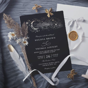 Boho Moon Stars Celestial Svart QR-kod Bröllop Inbjudningar