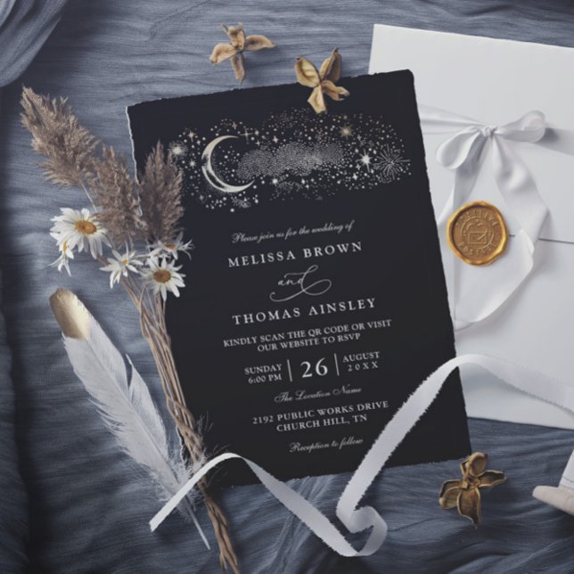 Boho Moon Stars Celestial Svart QR-kod Bröllop Inbjudningar (Skapare uppladdad)