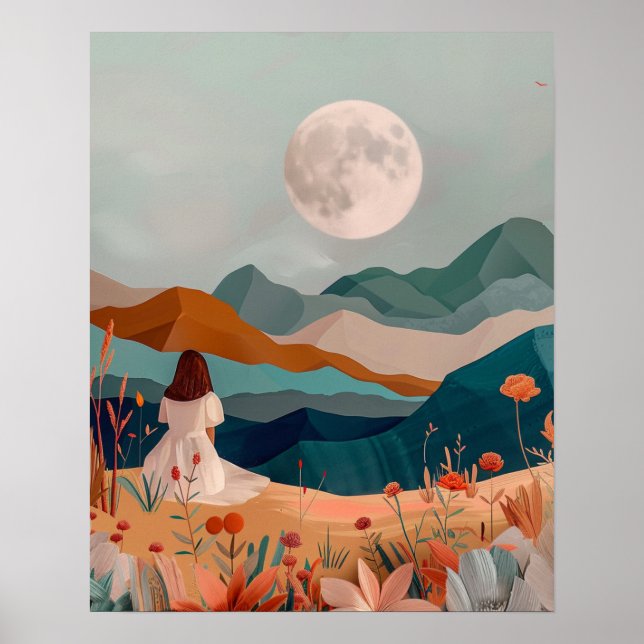 Boho Moonlit Desert Landscape Wall Art Print Poster (Framsidan)