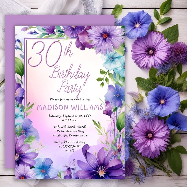 Boho Morgon Glories Blommigt 30års födelsedag Part Inbjudningar (Elegant Boho Aster | Morning Glories Floral 30th Birthday Party Invitation Print | Digital Download)