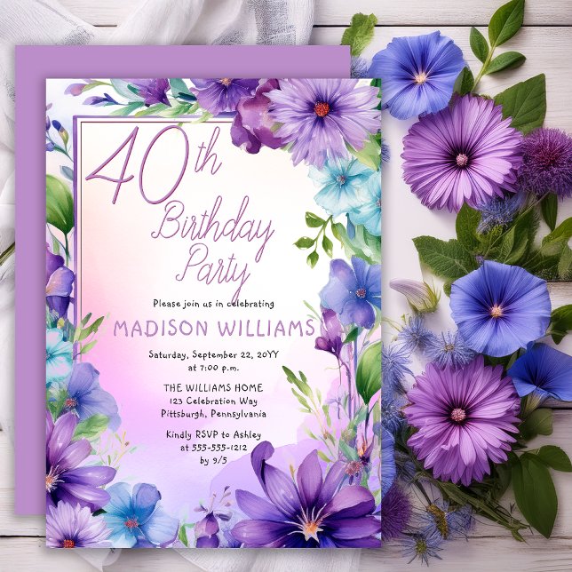 Boho Morgons Glories Blommigt 40:e födelsedagen Pa Inbjudningar (Elegant Boho Aster | Morning Glories Floral 40th Birthday Party Invitation Print | Digital Download)