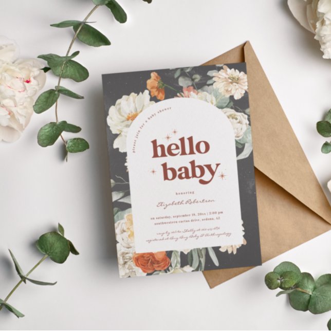 Boho Mörk Blommigt Greenery Botanical | Babyskor Inbjudningar (Skapare uppladdad)