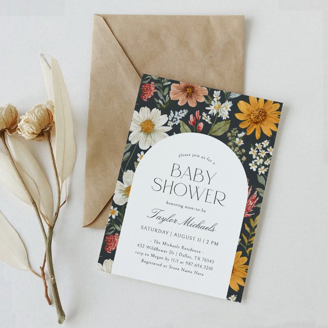 Boho Mörk Blommigt WildblomBaby Shower Inbjudningar (Skapare uppladdad)