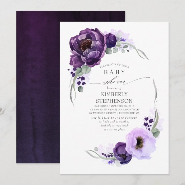 Boho Mörk Lila Blommigt Royal Baby Shower Inbjudningar (Fram/baksida)