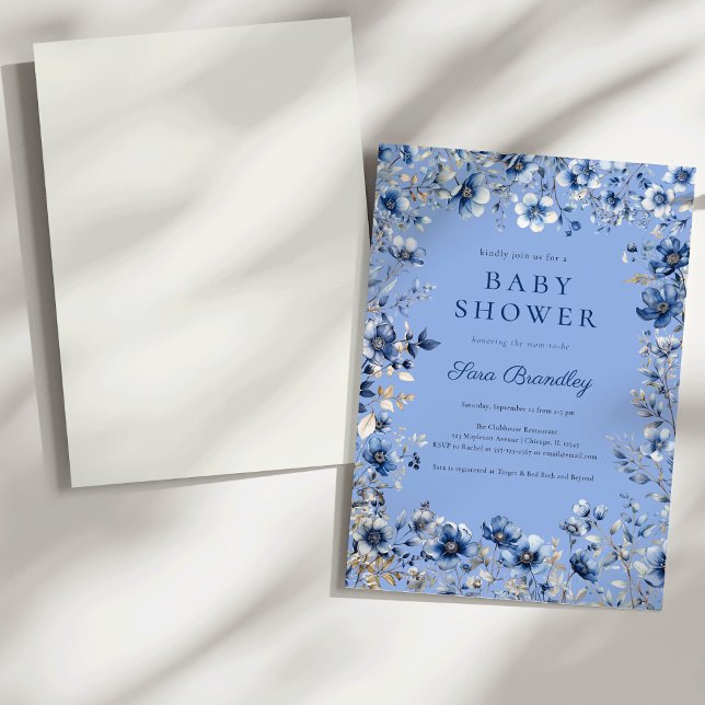 Boho Mörk och Dusty Blue Wildblomma Baby Shower Inbjudningar (Boho Dark and dusty blue crisp white wildflowers Baby shower Invitation)