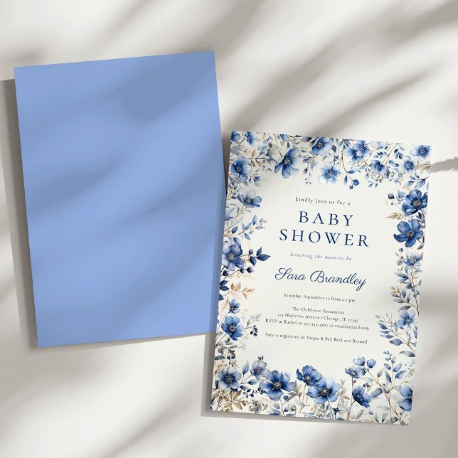 Boho Mörk och Dusty Blue Wildblomma Baby Shower Inbjudningar (Boho Dark and dusty blue crisp white wildflowers Baby shower Invitation)